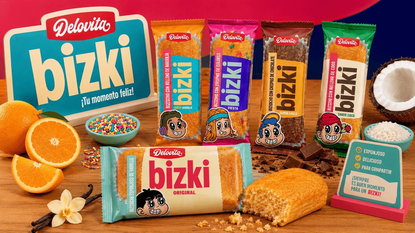 Línea completa Bizki — Coco, Chocolate, Vainilla, Naranja y Crispy